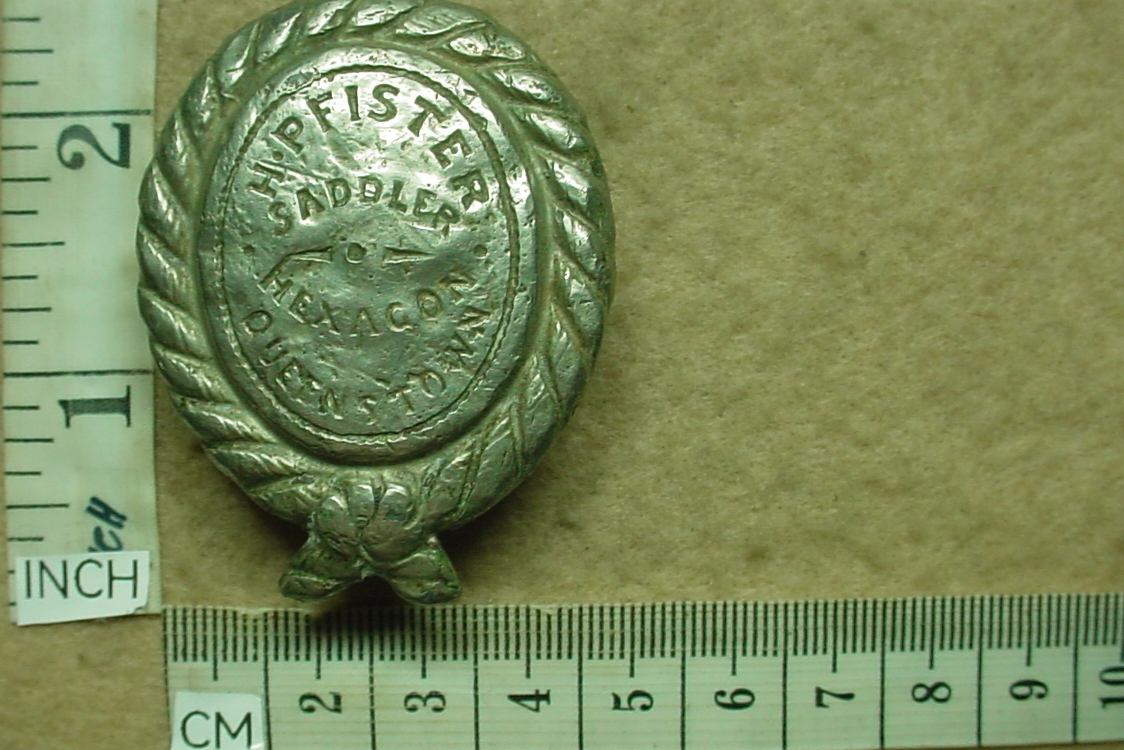 524 Saddle Maker badge, H.Pfister Saddler Hexagon Queenstown (Misc)